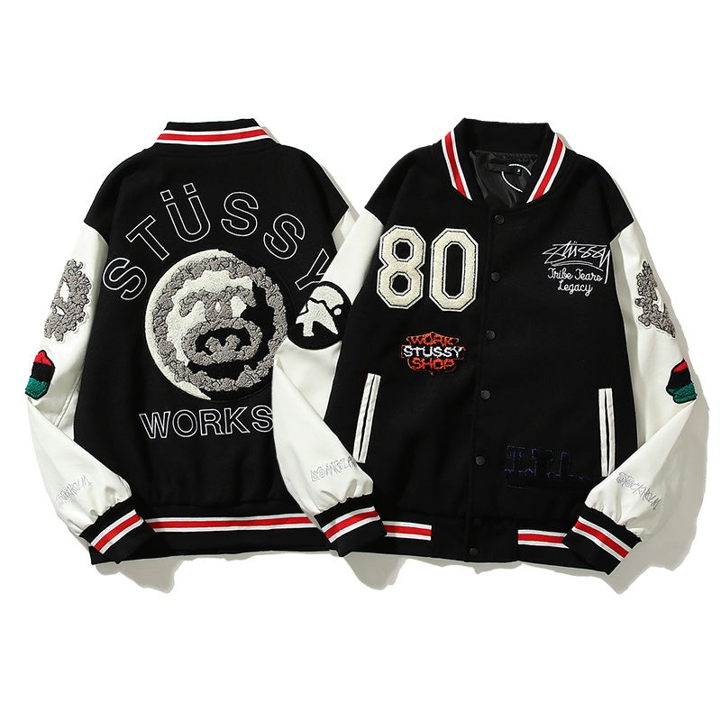 American-style baseball jacket Leather Sleeve S-Logo Graphic Oversized Embroidered Thickened Baseball Jacket â€?Embracing the Vibe Aesthetic