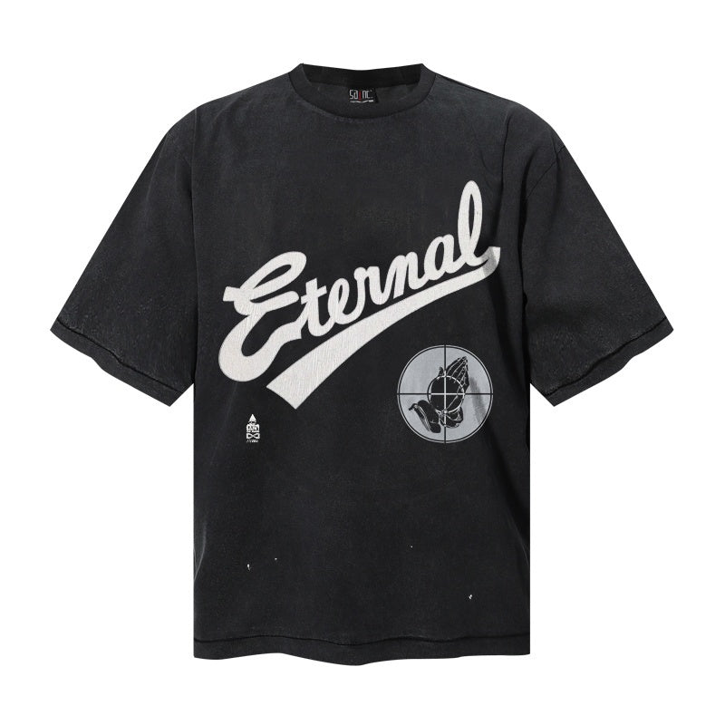 Saint Michael T Shirts Vintage Athletic Cursive Eternal Lettering Target Skull Distressed Streetwear Print