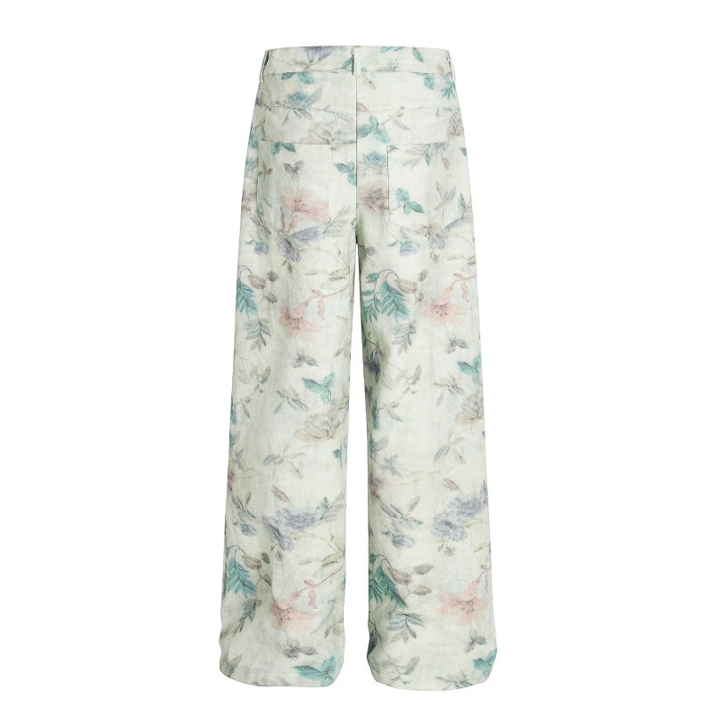 American-style streetwear harem pants Vintage Botanical Floral Print Soft Textured Weave