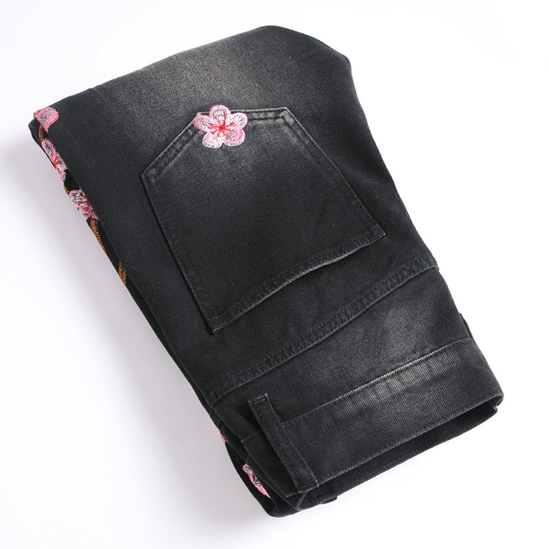 Mens Fashion Jeans Pink cherry blossom embroidered wide-leg pants 5710# Pure cotton high quality