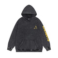 ERD Hoodie Distressed Stone Wash Top Multi-Panel Yellow Barcode Text & Schematic Artwork