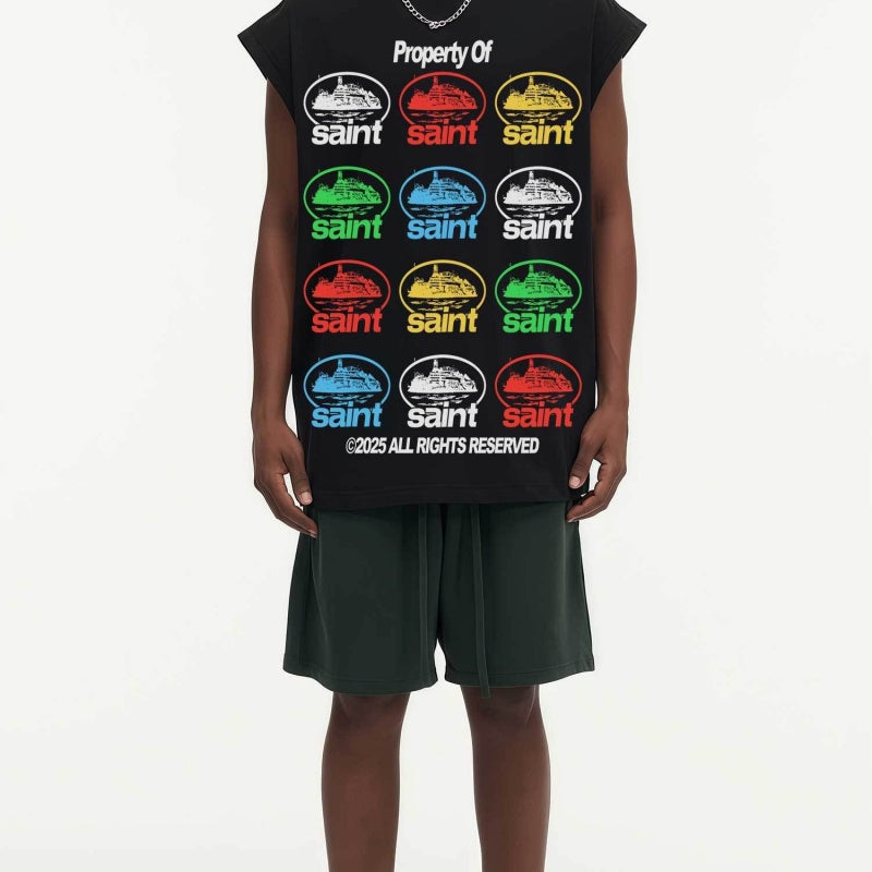 BIG FACE Drop-Shoulder Tank Top High-street vintage style featuring a small neckline, white-ink digital direct-to-garment (DTG) printing, and a heavy-duty, distressed wash finish; crafted from 260g double-yarn plain-knit fabric.