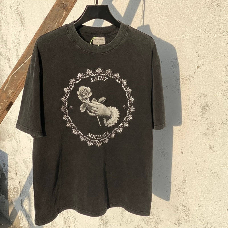 Unisex Vintage T Shirts SAINT MICHAEL x FOG Collaboration: Heavyweight, Distressed, Vintage-Washed Short-Sleeve Tee (Rose & White Dove Graphic)