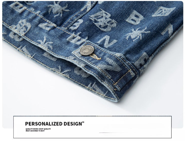 Denim Jacket & Jeans High-Street Trend Retro Casual Matching Monogram Graphic Trucker Jacket and Slim-Fit Pants Outfit (jacket and jeans must be purchased separately.)