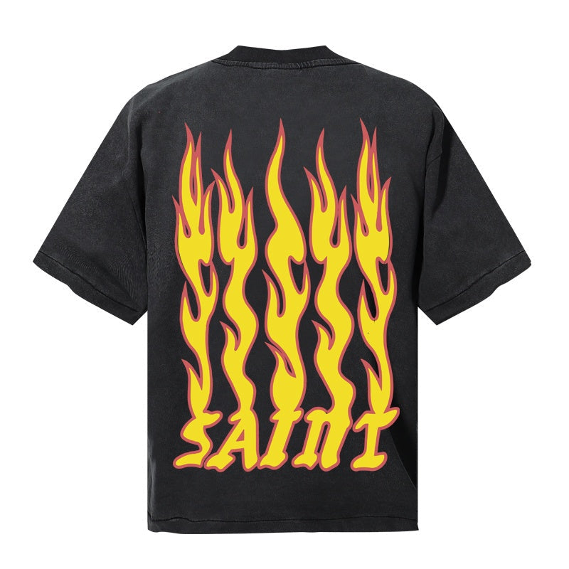 Saint Michael T Shirts Yellow Flame Font Soul On Fire Retro Acid Wash Streetwear Print
