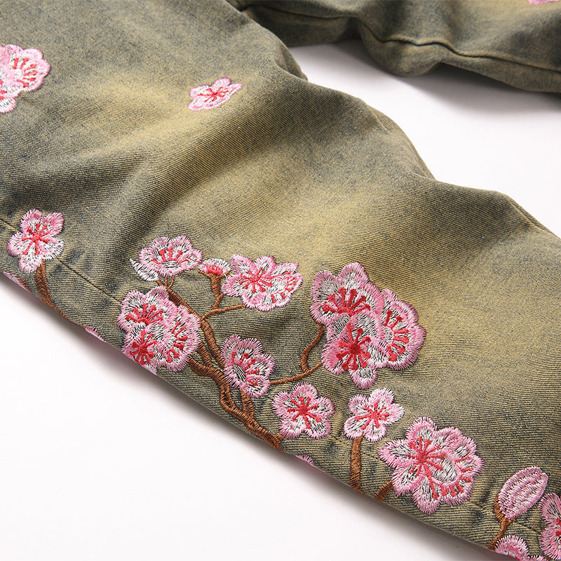Mens Fashion Jeans Pink cherry blossom embroidery 5719# Pure cotton high quality