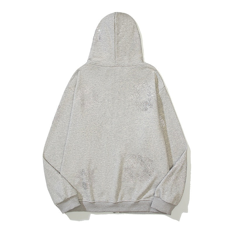 Denim Tears Hoodie Fleece Bling Rhinestone Flower Wreath Graphic Oversized Zip-Up Hooded