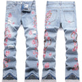 Mens Fashion Jeans Pink cherry blossom embroidered wide-leg pants 5711# Pure cotton high quality