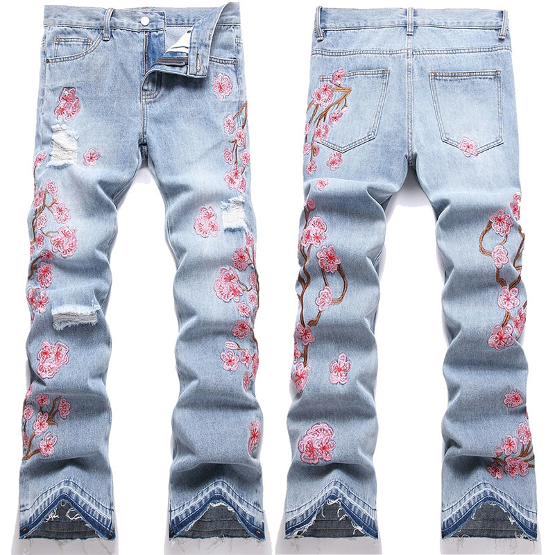 Mens Fashion Jeans Pink cherry blossom embroidered wide-leg pants 5711# Pure cotton high quality