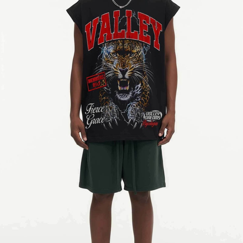 BIG FACE Drop-Shoulder Tank Top High-street vintage style featuring a small neckline, white-ink digital direct-to-garment (DTG) printing, and a heavy-duty, distressed wash finish; crafted from 260g double-yarn plain-knit fabric.