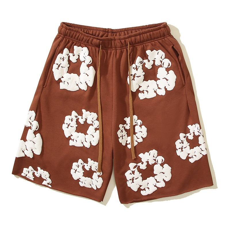 Denim Tears Shorts Cotton All-Over Flower Wreath Graphic Oversized Drawstring Shorts