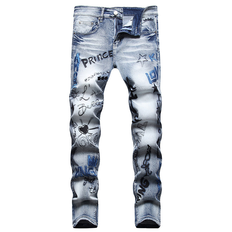 Mens Fashion Jeans Embroidered street graffiti 7118# Pure cotton high quality