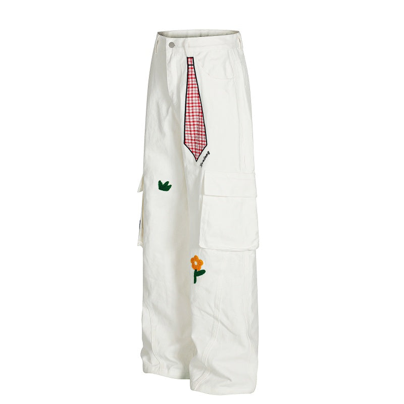 American-style streetwear harem pants Plaid Tie Patch Multi Cargo Pocket Design