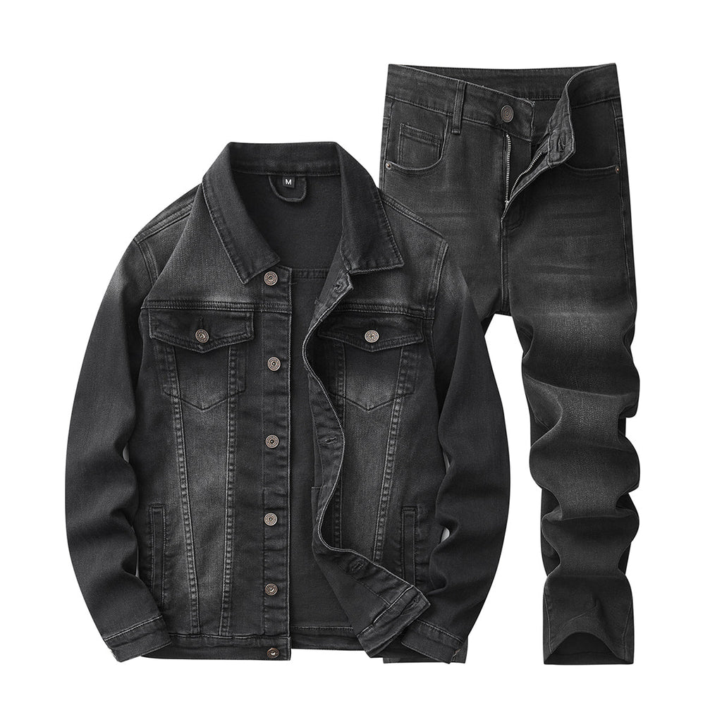 Denim Jacket & Jeans High-Street Trend Retro Casual Matching Distressed Denim Trucker Jacket and Slim-Fit Pants Outfit (jacket and jeans must be purchased separately.)