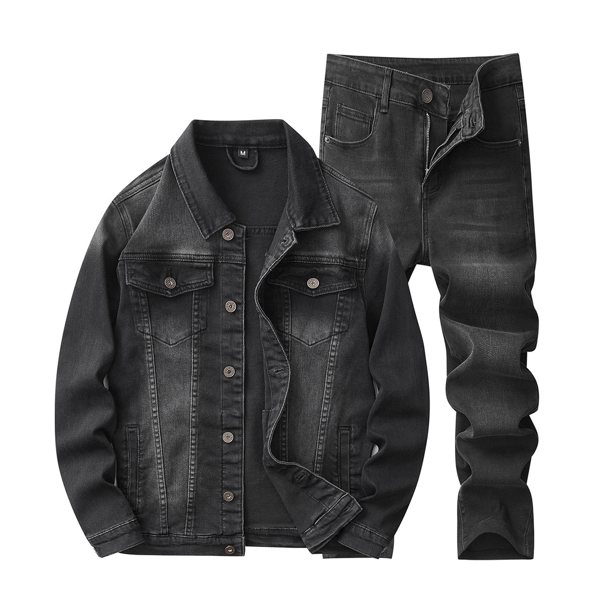 Denim Jacket & Jeans High-Street Trend Retro Casual Matching Distressed Denim Trucker Jacket and Slim-Fit Pants Outfit (jacket and jeans must be purchased separately.)