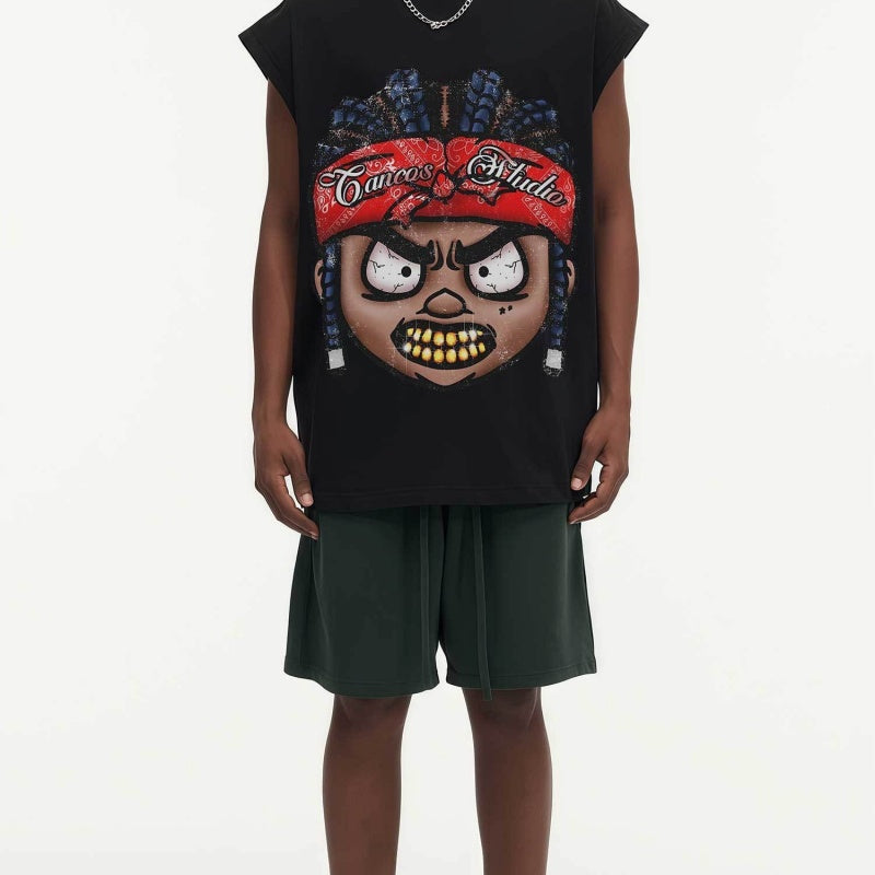 BIG FACE Drop-Shoulder Tank Top High-street vintage style featuring a small neckline, white-ink digital direct-to-garment (DTG) printing, and a heavy-duty, distressed wash finish; crafted from 260g double-yarn plain-knit fabric.