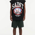BIG FACE Drop-Shoulder Tank Top High-street vintage style featuring a small neckline, white-ink digital direct-to-garment (DTG) printing, and a heavy-duty, distressed wash finish; crafted from 260g double-yarn plain-knit fabric.