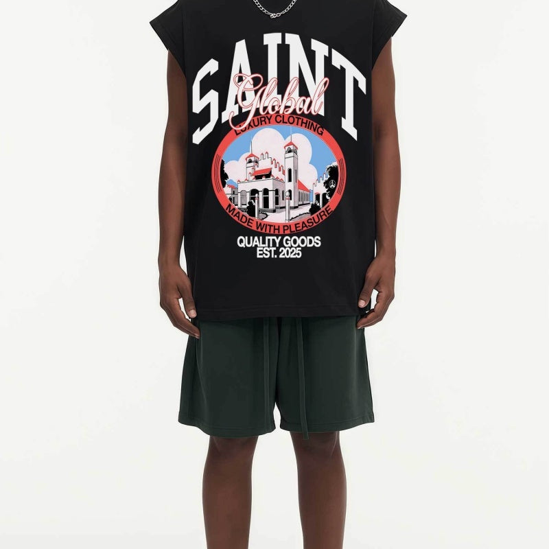 BIG FACE Drop-Shoulder Tank Top High-street vintage style featuring a small neckline, white-ink digital direct-to-garment (DTG) printing, and a heavy-duty, distressed wash finish; crafted from 260g double-yarn plain-knit fabric.
