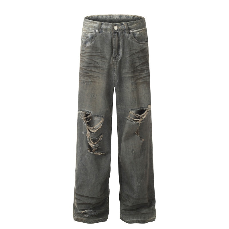 American-style streetwear harem pants Multi‑Torn Knee Grunge Streetwear Denim Trousers