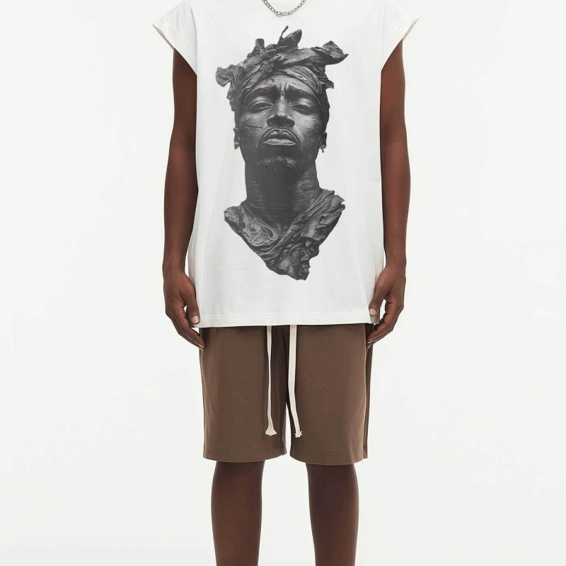 BIG FACE Drop-Shoulder Tank Top High-street vintage style featuring a small neckline, white-ink digital direct-to-garment (DTG) printing, and a heavy-duty, distressed wash finish; crafted from 260g double-yarn plain-knit fabric.