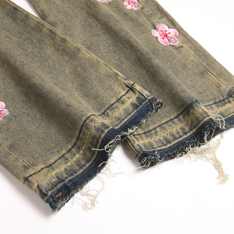 Mens Fashion Jeans Pink cherry blossom embroidery 5719# Pure cotton high quality