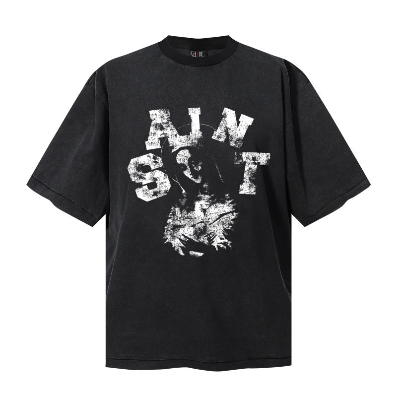 Saint Michael T Shirts Washed Black Oversized Tee Distressed SAINT Arch Typography & Statue Graphic