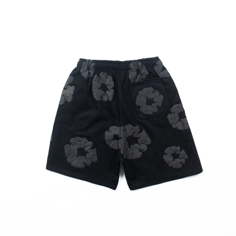Denim Tears Shorts Cotton Embossed Black Cotton Wreath Graphic Oversized Drawstring
