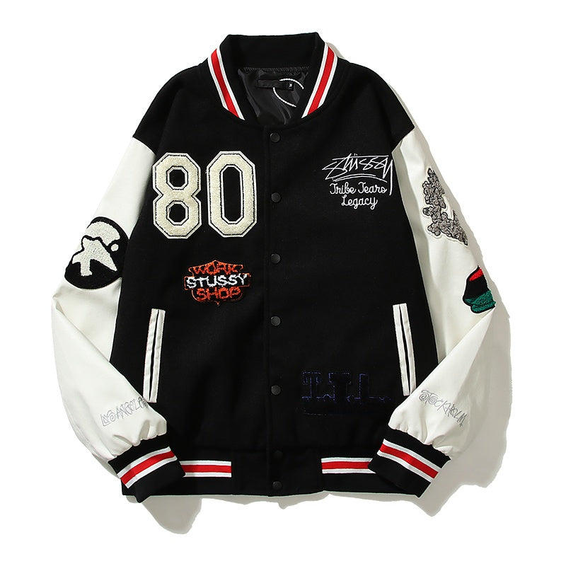 American-style baseball jacket Leather Sleeve S-Logo Graphic Oversized Embroidered Thickened Baseball Jacket â€?Embracing the Vibe Aesthetic