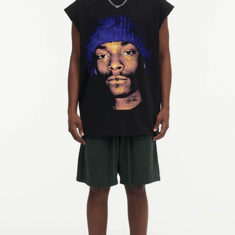 BIG FACE Drop-Shoulder Tank Top High-street vintage style featuring a small neckline, white-ink digital direct-to-garment (DTG) printing, and a heavy-duty, distressed wash finish; crafted from 260g double-yarn plain-knit fabric.