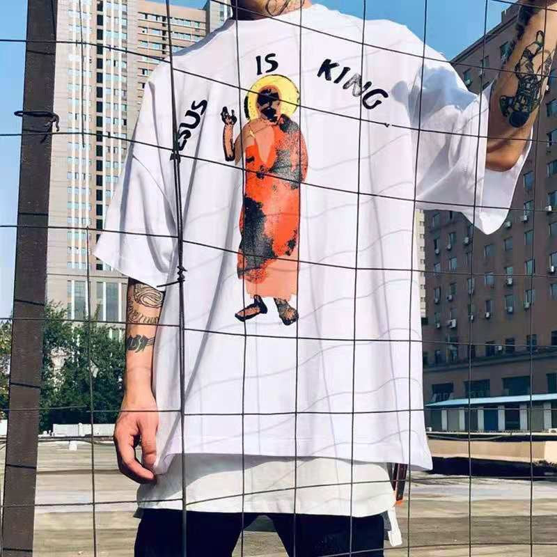 Mens T-shirt Vintage American-style Kanye-style oversized drop-shoulder tee with Jesus/God puff print.