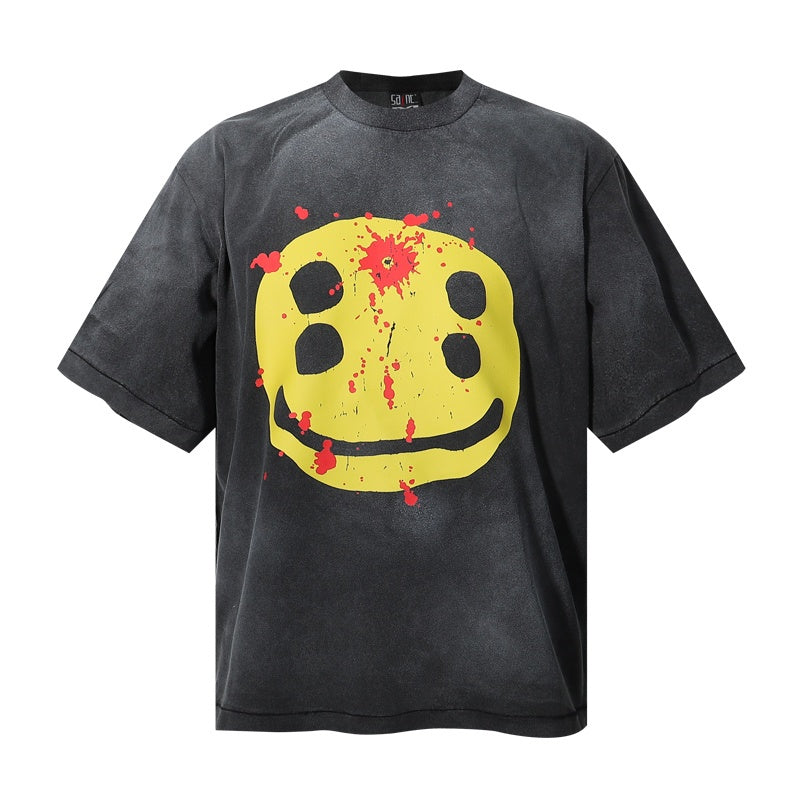 Saint Michael T Shirts Yellow Bloody Four-Eye Smiley Face Vintage Washed Graphic