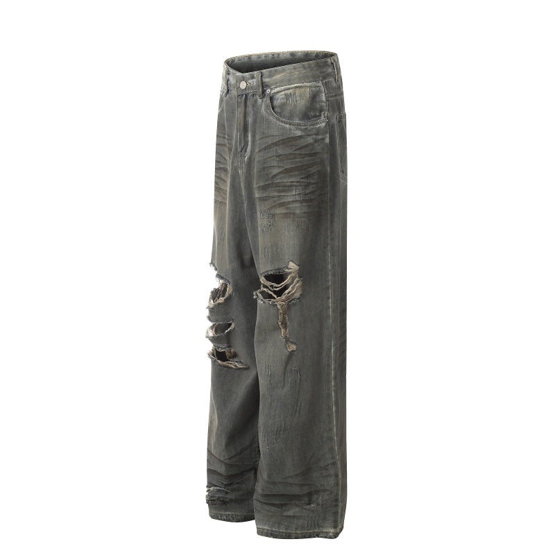 American-style streetwear harem pants Multi‑Torn Knee Grunge Streetwear Denim Trousers