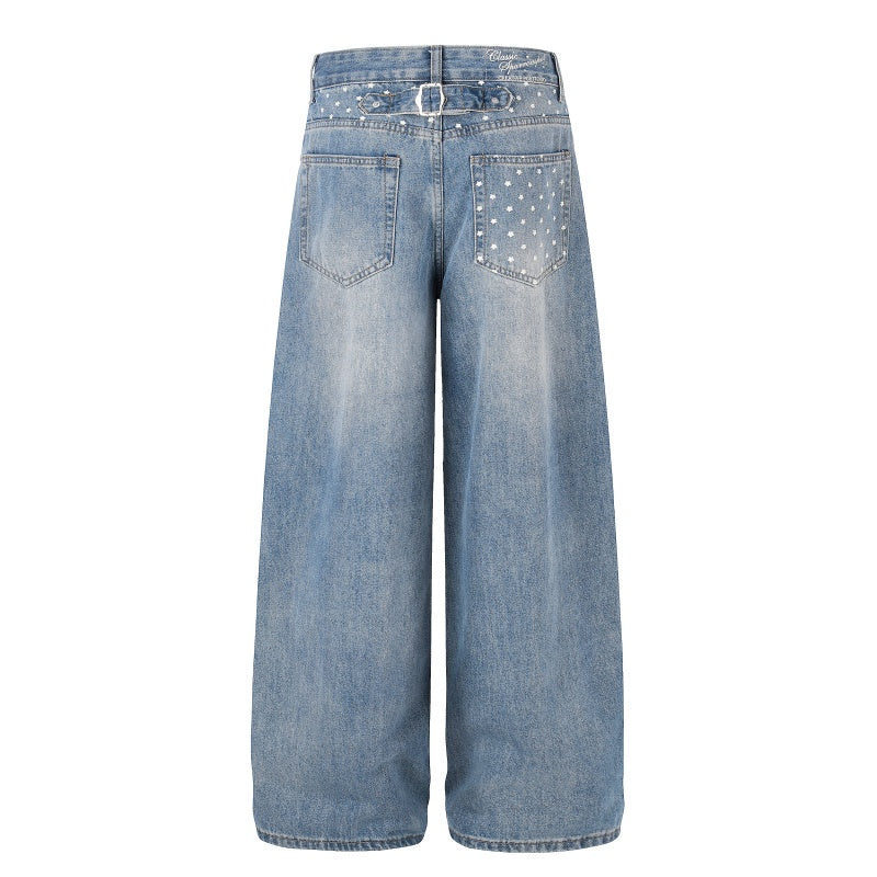 American-style streetwear harem pants Sparkle Studded Retro Denim Casual Wear