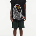 BIG FACE Drop-Shoulder Tank Top High-street vintage style featuring a small neckline, white-ink digital direct-to-garment (DTG) printing, and a heavy-duty, distressed wash finish; crafted from 260g double-yarn plain-knit fabric.