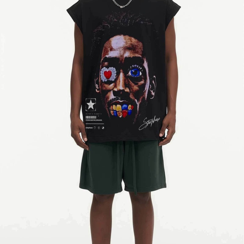 BIG FACE Drop-Shoulder Tank Top High-street vintage style featuring a small neckline, white-ink digital direct-to-garment (DTG) printing, and a heavy-duty, distressed wash finish; crafted from 260g double-yarn plain-knit fabric.