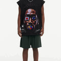 BIG FACE Drop-Shoulder Tank Top High-street vintage style featuring a small neckline, white-ink digital direct-to-garment (DTG) printing, and a heavy-duty, distressed wash finish; crafted from 260g double-yarn plain-knit fabric.
