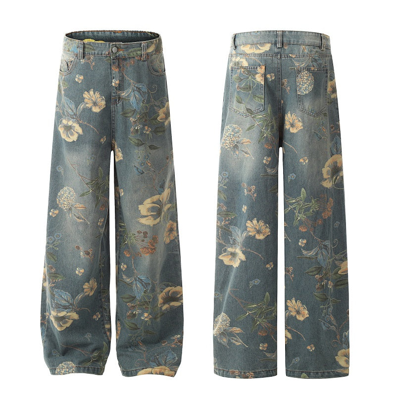 American-style streetwear harem pants Bohemian Floral Print Relaxed Fit Denim, Faded Retro Flower Trousers