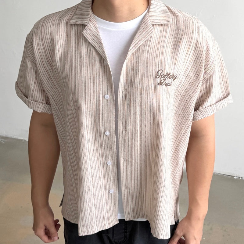 Unisex Vintage T Shirts GALLERY DEPT. 26SS American vintage-style, loose-fitting short-sleeve shirt featuring a Cuban collar and a dapper old-money aesthetic. Crafted from a custom linen-blend fabric with a vertical-stripe jacquard weave; breathabl