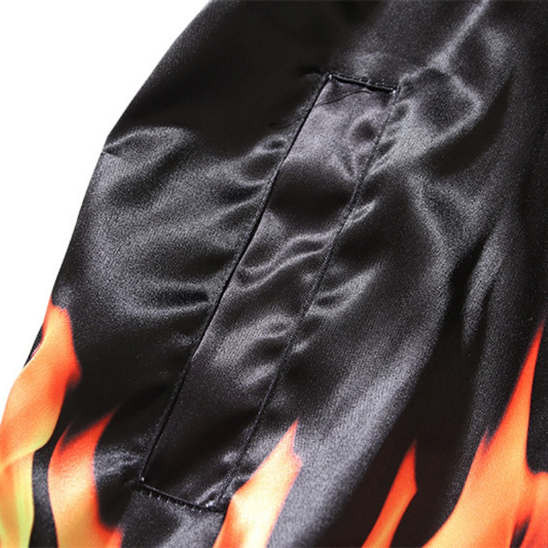 American-style baseball jacket Trending Vintage-Style Sports Sweatshirt: NBA-Inspired Flame Print & Retro Towel Embroidery