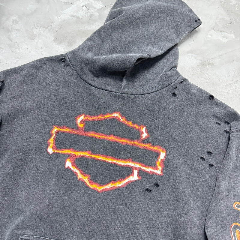 Unisex Vintage Hoodie Harley-Davidson West Coast Flames & Cross Limited Edition Distressed Hoodie â€?featuring multi-area handcrafted distressing and heavy-duty enzyme-washed, faded finish.