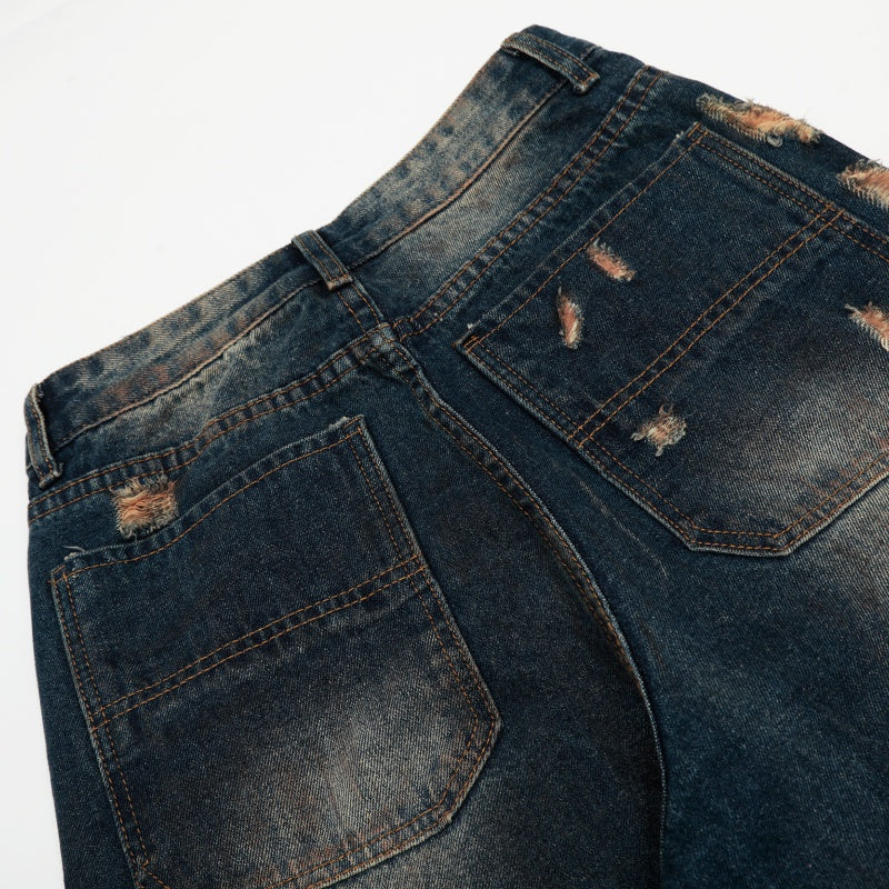 American-style streetwear harem pants Heavily Distressed Wide Leg Denim