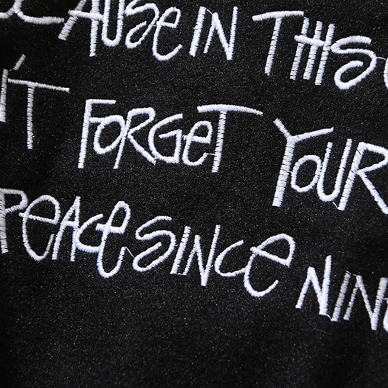 American-style baseball jacket American-style trendy high-street streetwear featuring back-panel graffiti, slogan, and lettering with intricate, high-density embroidery—embodying the vibe aesthetic.