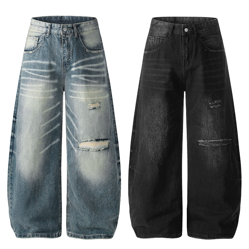 American-style streetwear harem pants Whiskering Ripped Wide Leg Wear