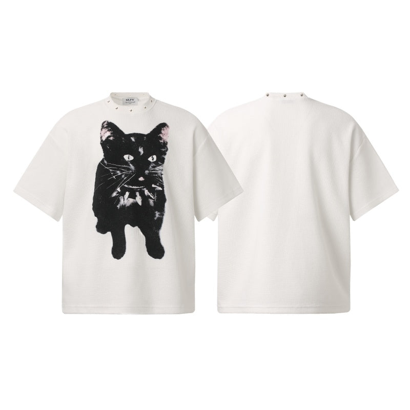 Unisex vintage T-shirt White ink direct-injection rivets