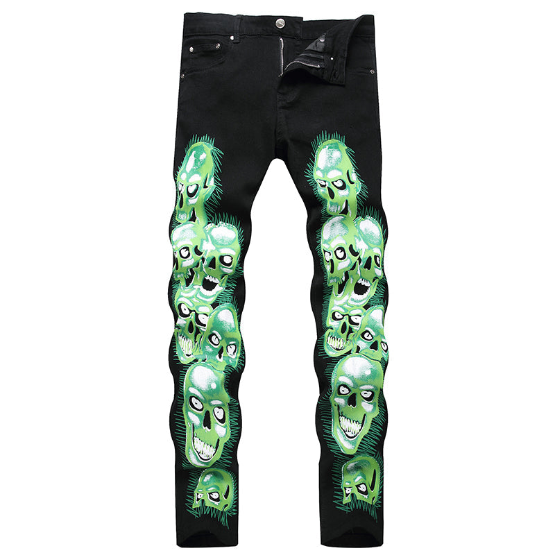 Mens Fashion Jeans Green glowing skull 5709# Pure cotton high quality
