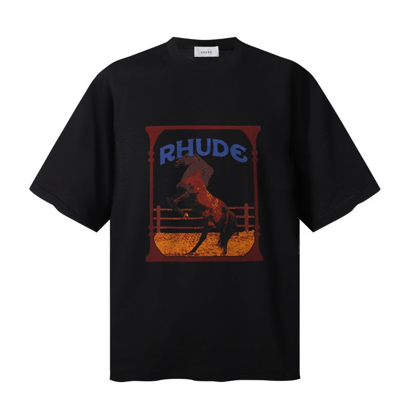 RHUDE T Shirts Distressed Cowboy Horse Artwork