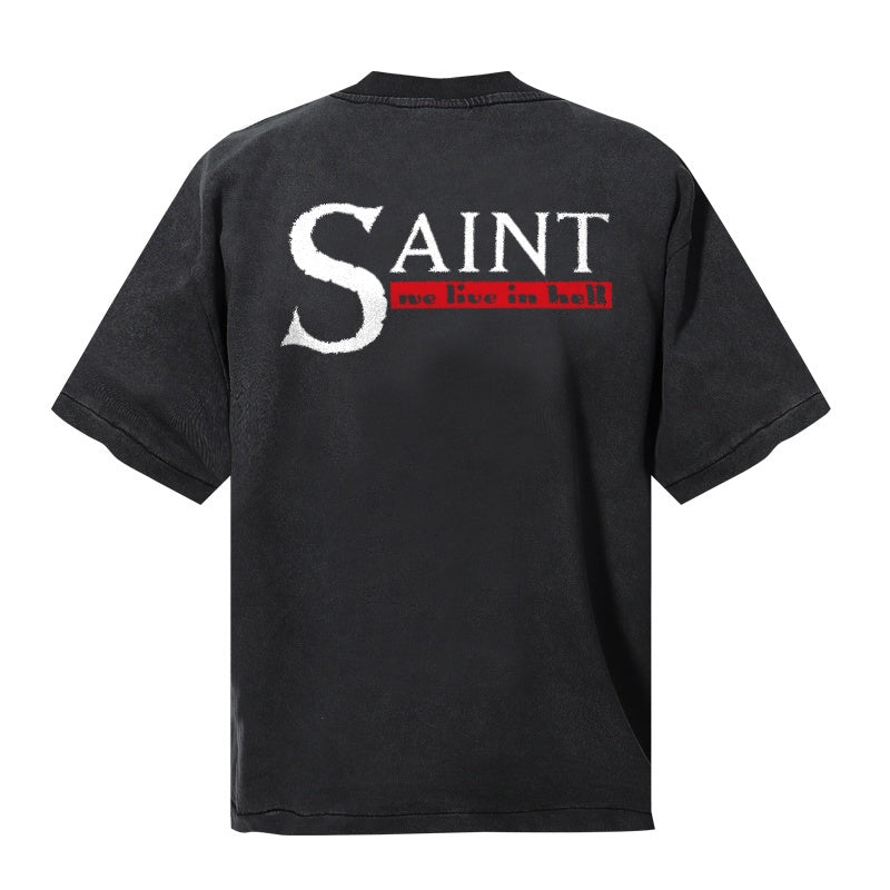 Saint Michael T Shirts Faded Pigment Dyed Portrait & Typography