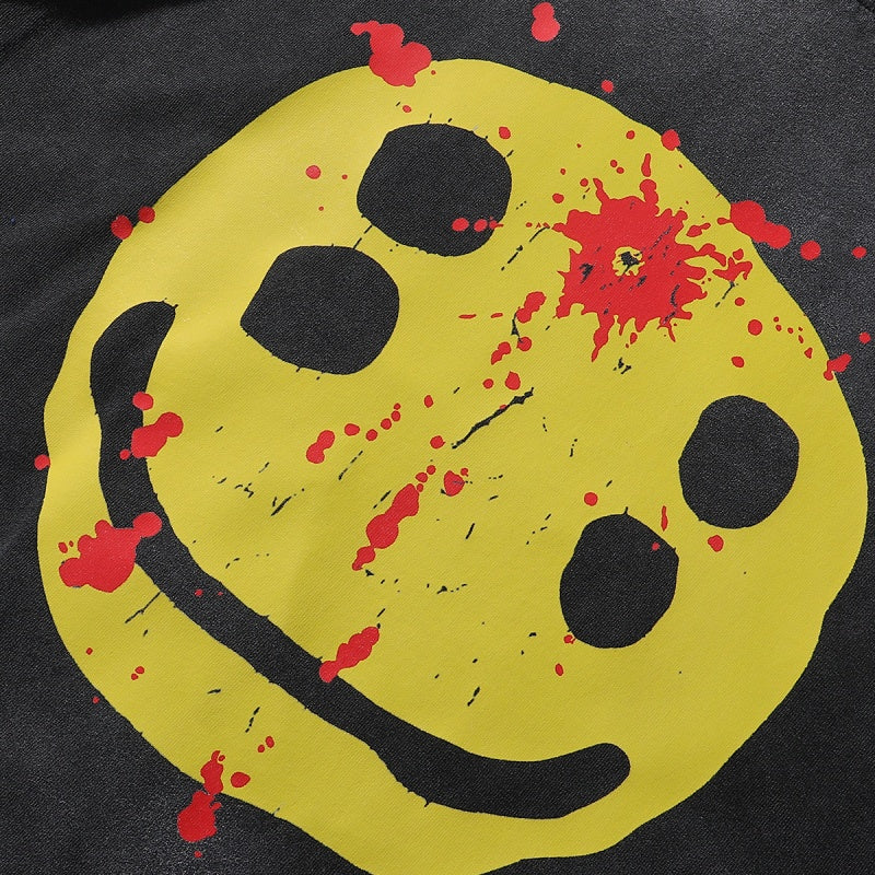 Saint Michael T Shirts Yellow Bloody Four-Eye Smiley Face Vintage Washed Graphic