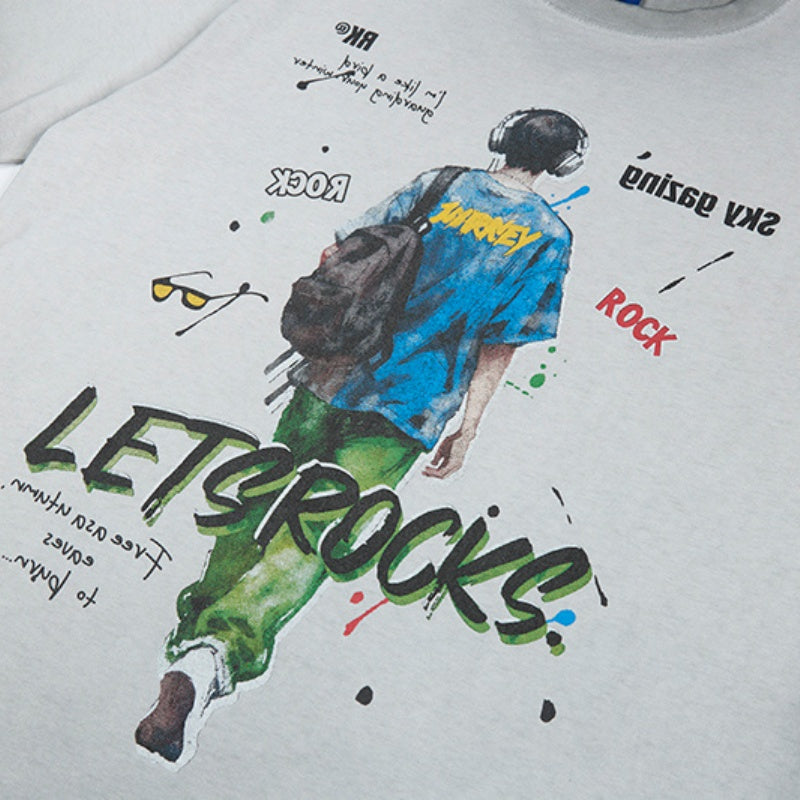 Unisex vintage T-shirts Boy with a backpack and headphones