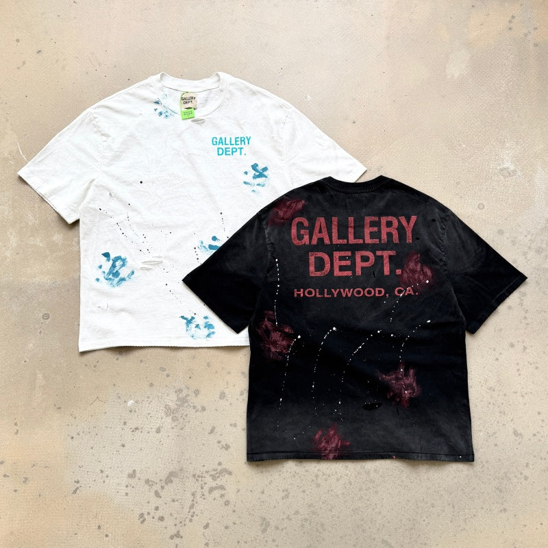 Unisex Vintage T Shirts GALLERY DEPT. 26SS California Exclusive Street Graffiti-Style T-Shirt: Featuring hand-painted splatter details, multi-location hand-distressing, heavyweight enzyme-washed fabric, and an all-over hand-applied dirty wash spr